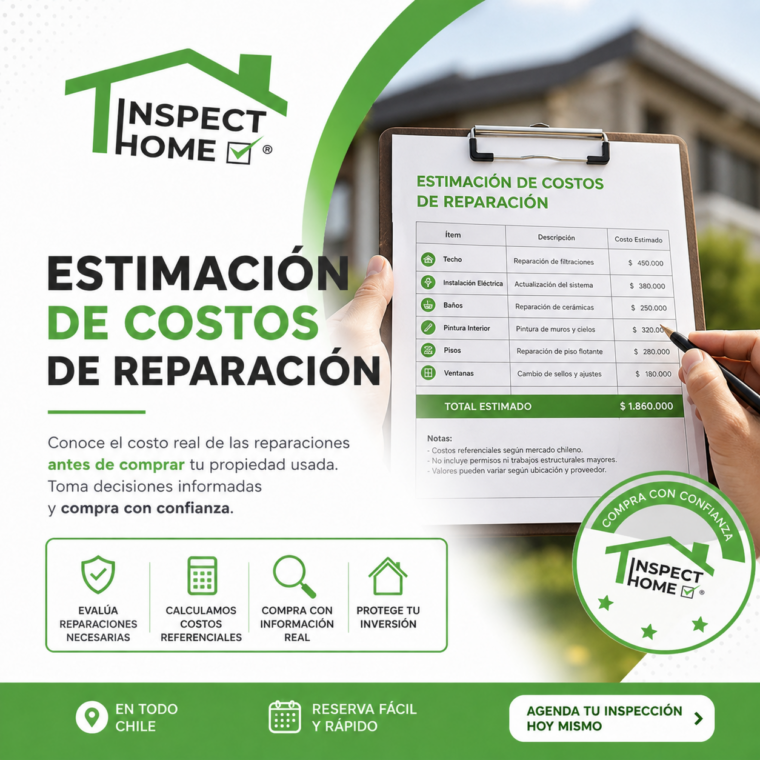 Costos de reparación vivienda usada, Estimación de reparaciones inmobiliarias, Inspección de propiedades en Chile, Reparaciones de viviendas nuevas y usadas, Informe de daños y costos de reparación,